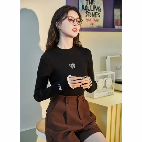 唐狮蝴蝶结刺绣打底衫女内搭新款韩系早秋打底衫穿搭半高领针织衫商品大图