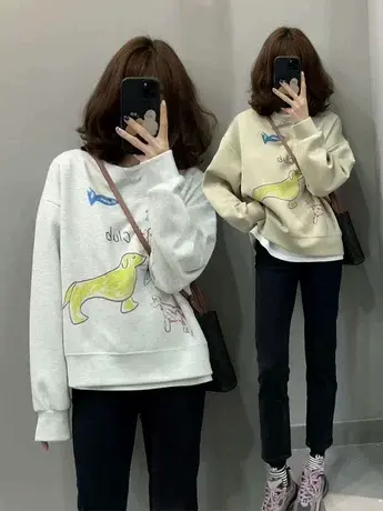 韩国东大门2023秋趣味卡通涂鸦印花宽松套头卫衣女百搭叠穿上衣潮商品大图