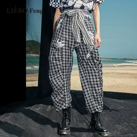 裂帛LIEBOFeng2023年新商场同款街头风宽松抽褶格纹梭织长裤图片