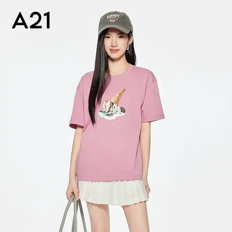 A21女装印花字母宽松显瘦圆领T恤2025夏新款简约中长款落肩袖上衣图片