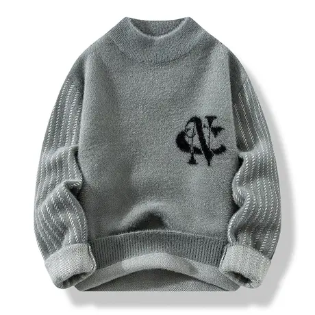 秋冬季半高领毛衣男潮流条纹水貂绒加厚打底针织衫青少年保暖上衣商品大图