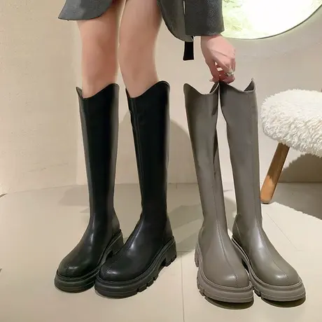 不过膝长靴女2023年春秋季新款显瘦法式时尚高筒靴粗跟v口骑士靴图片