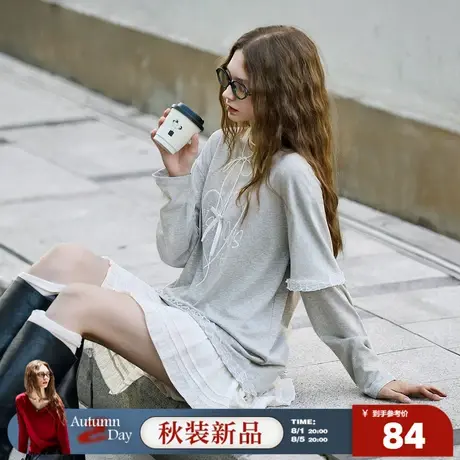 8.1/20点 上新唐狮2025秋季新款长袖T恤女韩版爱心假两件拼接蕾丝商品大图