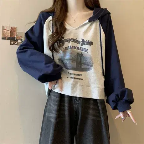 撞色拼接插肩长袖连帽卫衣女早春秋薄款宽松韩版V领短款外套上衣商品大图