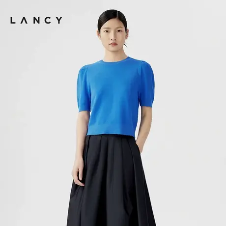 LANCY/朗姿2024夏季新款短袖简约蓝色短款针织衫女品牌圆领套头衫商品大图