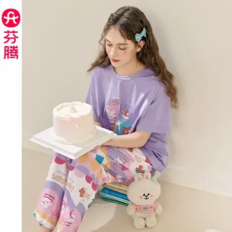 芬腾女士睡衣夏季纯棉薄款短袖长裤女款可爱布朗熊大码家居服套装商品大图