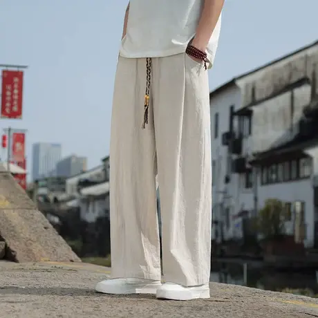 夏季男直筒休闲裤棉麻面料宽松加肥加大码胖简约纯色复古宽松长裤商品大图