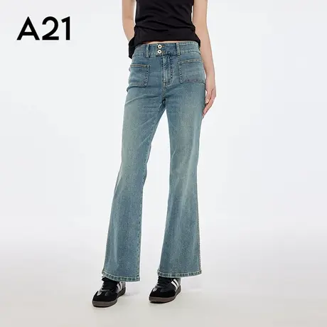A21女装水洗微喇长裤简约牛仔裤微弹修身显瘦喇叭裤图片