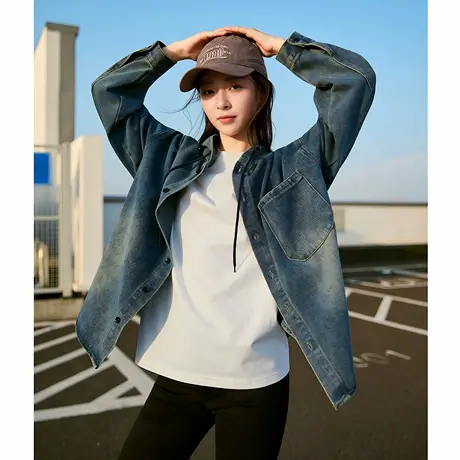 唐狮秋季衬衫女新款长袖水洗牛仔连帽复古时尚设计感上衣TM图片