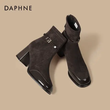 达芙妮粗跟短靴女2026冬季新款绒面法式马丁靴加绒高跟复古瘦瘦靴商品大图