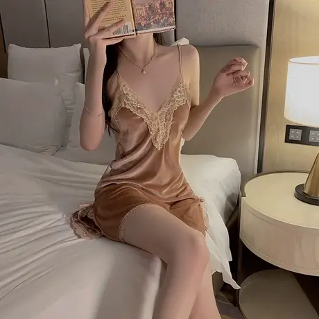 高级感金丝绒睡衣女秋冬季性感蕾丝吊带睡裙长袖睡袍带胸垫家居服图片