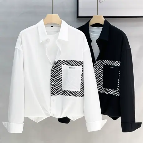 美式拼接长袖衬衫男春秋季潮牌日系白色衬衣宽松休闲寸衫男装外套商品大图