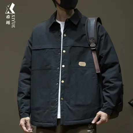 希越加厚衬衫式棉衣男宽松大码黑色工装风夹克2023秋冬款翻领外套商品大图