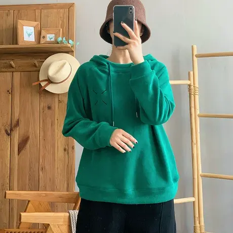 dza 复古短款羊羔绒加绒卫衣女秋冬保暖内搭打底宽松休闲连帽上衣图片