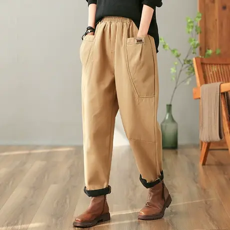 dza 高腰显瘦宽松阔腿加绒裤子女秋冬外穿长裤大口袋休闲哈伦女裤商品大图