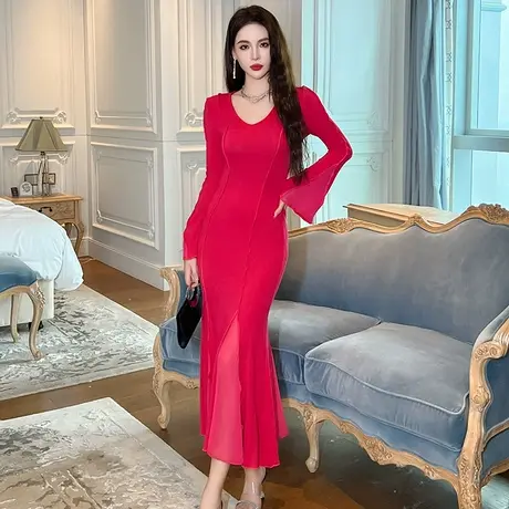 喇叭袖针织连衣裙女长款内搭修身显瘦减龄御姐风气质包臀鱼尾裙子商品大图