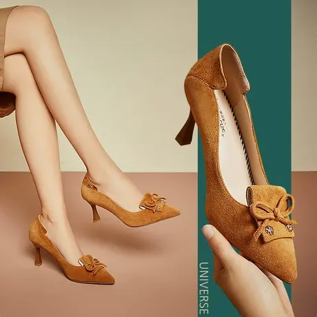 清仓橙色高跟鞋女细跟浅口蝴蝶结羊皮单鞋女真皮春款气质女鞋图片