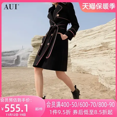 AUI黑色欧洲站中长款毛呢外套女2023冬新款御姐气质修身呢子大衣商品大图