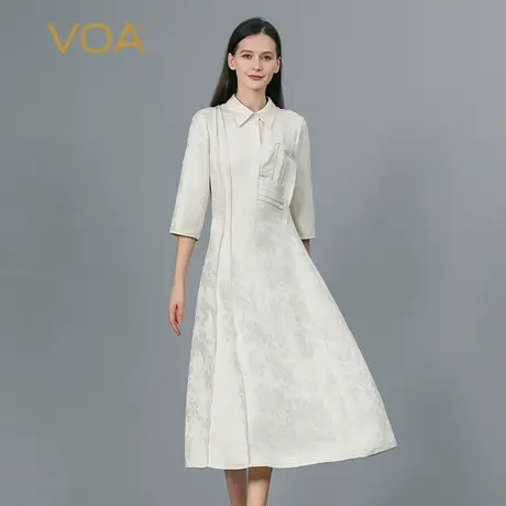 VOA浅米黄polo领七分袖38姆米重磅提花桑蚕丝温婉简约真丝连衣裙图片