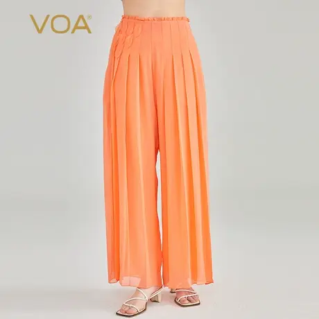 VOA柚橙色双层乔其纯桑蚕丝木耳花边装饰自然腰侧口袋真丝长裙裤商品大图