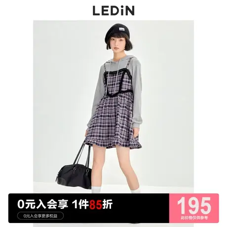 乐町格纹假两件连衣裙休闲秋冬新款复古风拼接卫衣裙图片
