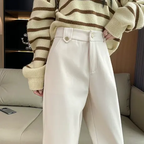 米白色毛呢裤女冬季新款高腰宽松显瘦加厚大码直筒九分休闲哈伦裤图片