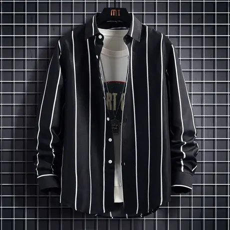 春秋季男士长袖衬衫中年薄款免烫商务休闲条纹衬衣男青年爸爸装潮商品大图