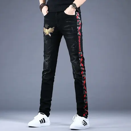 男士刺绣牛仔裤男款2023新款修身小脚休闲裤子男高端潮牌秋冬破洞商品大图