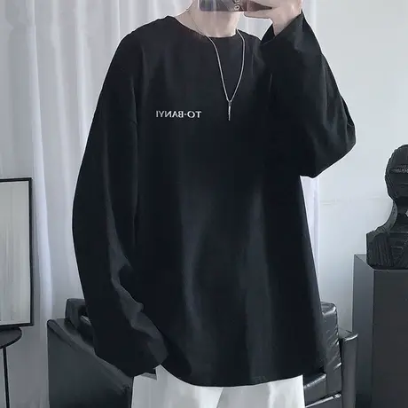 黑色长袖T恤男春秋季潮流圆领上衣服男士秋衣宽松打底衫卫衣棉感t图片