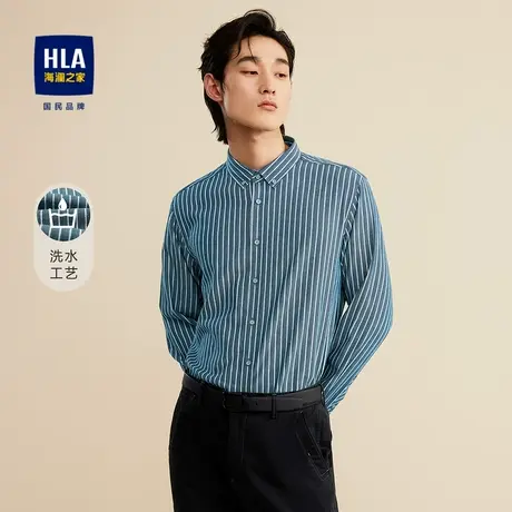 HLA/海澜之家竖条纹长袖休闲衬衫秋季色织尖领柔软服新舒适上衣男商品大图