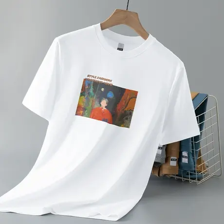 重磅纯棉白色t恤男短袖宽松圆领上衣服夏季美式潮牌印花全棉半袖图片