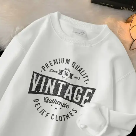 320g重磅白色卫衣男潮牌潮流加绒加厚长袖t恤秋冬款圆领无帽上衣商品大图