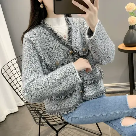 法式气质V领小香风仿水貂绒流苏针织开衫女2025年新款长袖毛衣图片