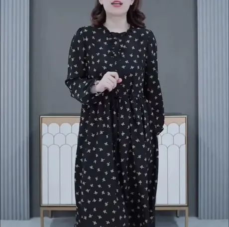 2024春季大码女装碎花收腰显瘦气质减龄遮肉连衣裙宽松中长长袖裙图片