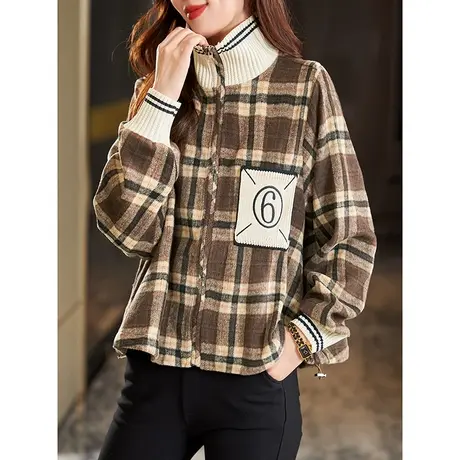 宝诗黎针织拼接立领格子外套女秋季时尚拉链开衫宽松上衣2023新款商品大图