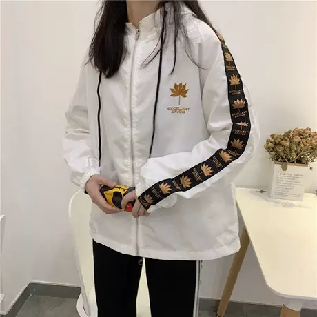 春秋慵懒风白色韩版宽松百搭连帽开衫女春装简约粉色长袖外套帽衫图片