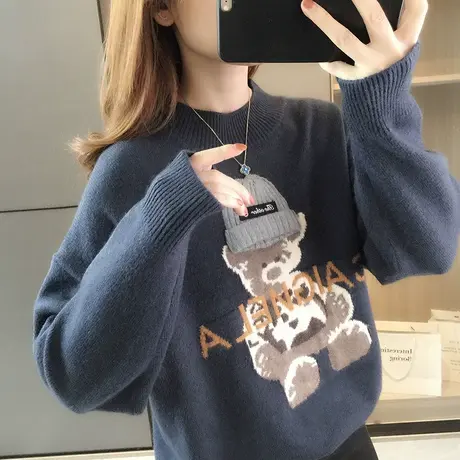 秋冬新款潮半高领毛衣女打底衫卡通洋气套头针织衫慵懒风宽松外穿图片