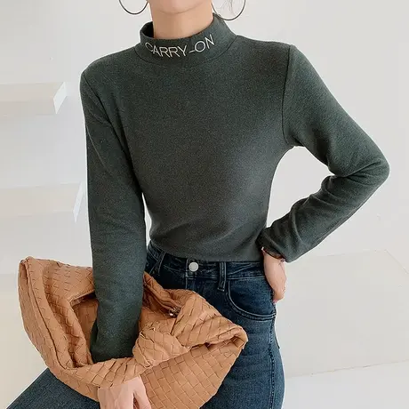 双面德绒打底衫女秋冬洋气内搭修身显瘦长袖T恤加厚半高领上衣潮商品大图