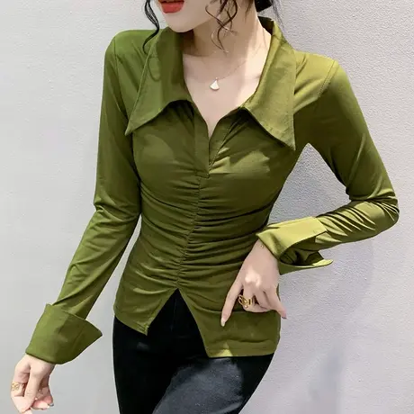 2024春秋新款洋气翻领T恤女长袖设计感下摆开叉上衣紧身百搭小衫商品大图