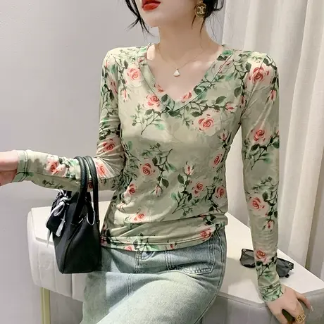性感V领网纱长袖罩衫女夏季气质薄款防晒上衣时尚漂亮印花T恤潮图片