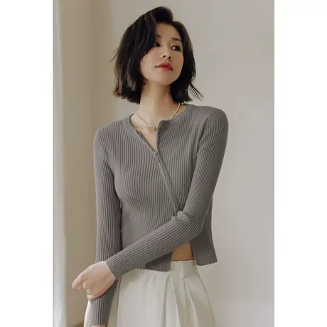 弥古灰色拉链针织衫长袖短款圆领正肩显瘦上衣女春秋设计感打底衫商品大图