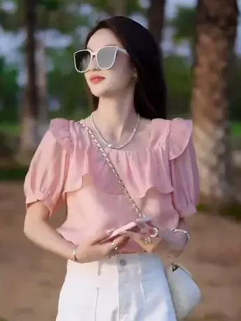 法式设计感方领粉色系衬衫女穿搭纯色夏季百搭衬衣女2023新款洋气商品大图