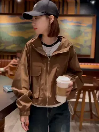 欧货秋季小众宽松原宿bf夹克上衣连帽口袋工装外套女短款小个子潮商品大图
