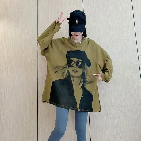 美式复古美女印花长袖卫衣春秋薄款宽松外套ins设计感百搭上衣潮图片