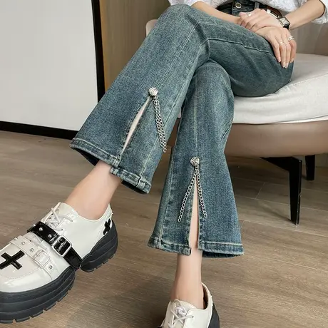 复古开叉微喇牛仔裤女春秋2023新款高腰显瘦九分弹力小个子喇叭裤商品大图