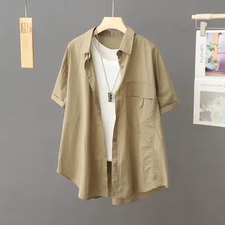卡其色薄款纯棉衬衫女短袖夏季2024新款休闲衬衣外搭上衣外套开衫商品大图