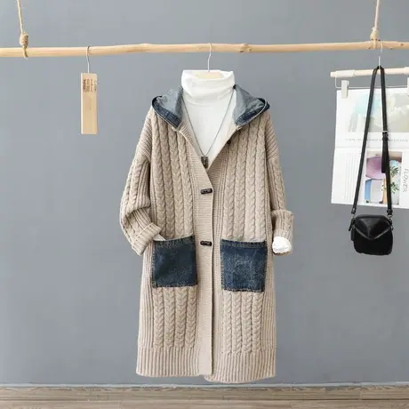 冬装中长款针织开衫女设计感小众牛仔拼接连帽厚外套毛衣宽松上衣图片