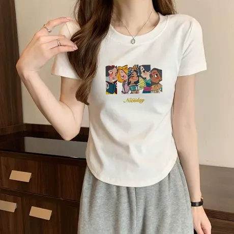 美式复古印花正肩t恤女夏2023新款辣妹短款收腰纯欲白色短袖上衣图片