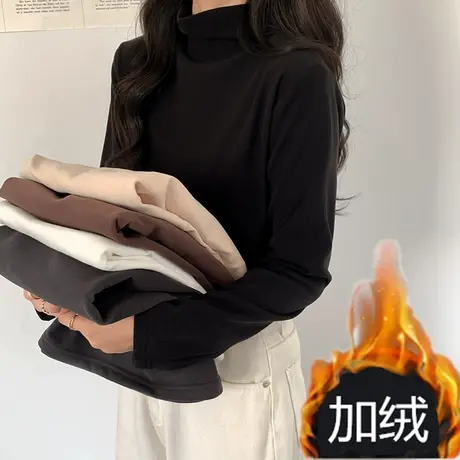 双面德绒半高领打底衫女秋冬装2023年新款内搭加厚长袖t恤上衣服商品大图
