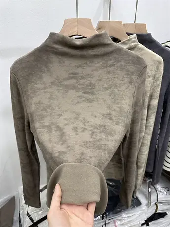 欧货半高领晕染保暖磨毛加薄绒长袖T恤女2023秋冬新款打底衫上衣商品大图